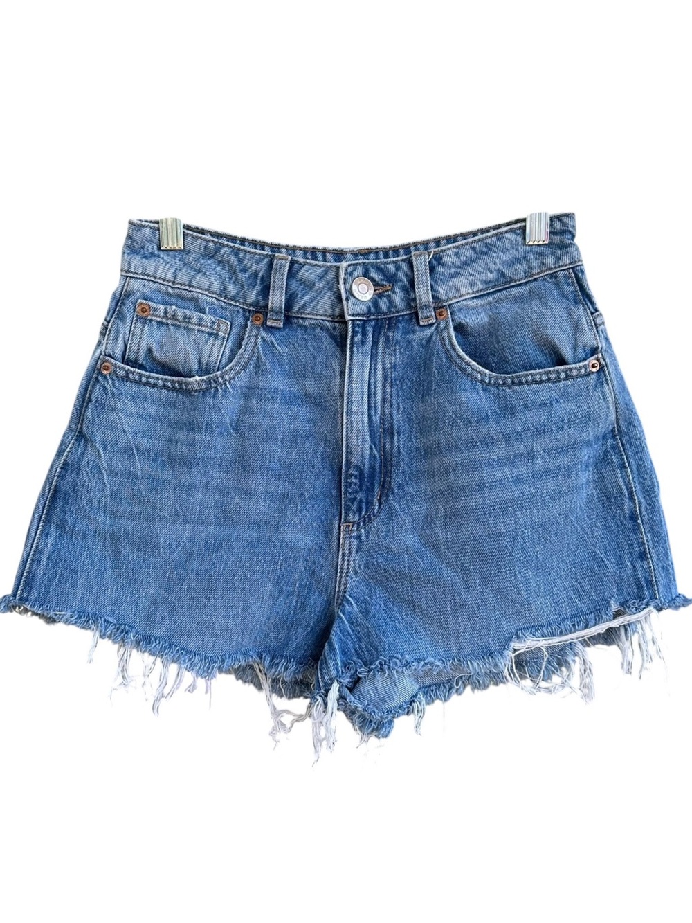 Garage Denim High Rise Cutoff Jean Shorts Medium Wash Blue Frayed Hem Size 3 26